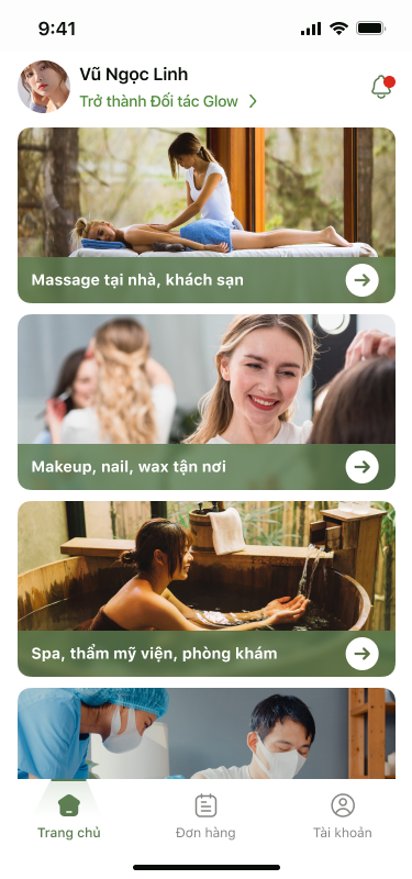 Trang chủ ứng dụng Glow - đặt dịch vụ massage, spa và làm đẹp tại nhà tại Việt Nam